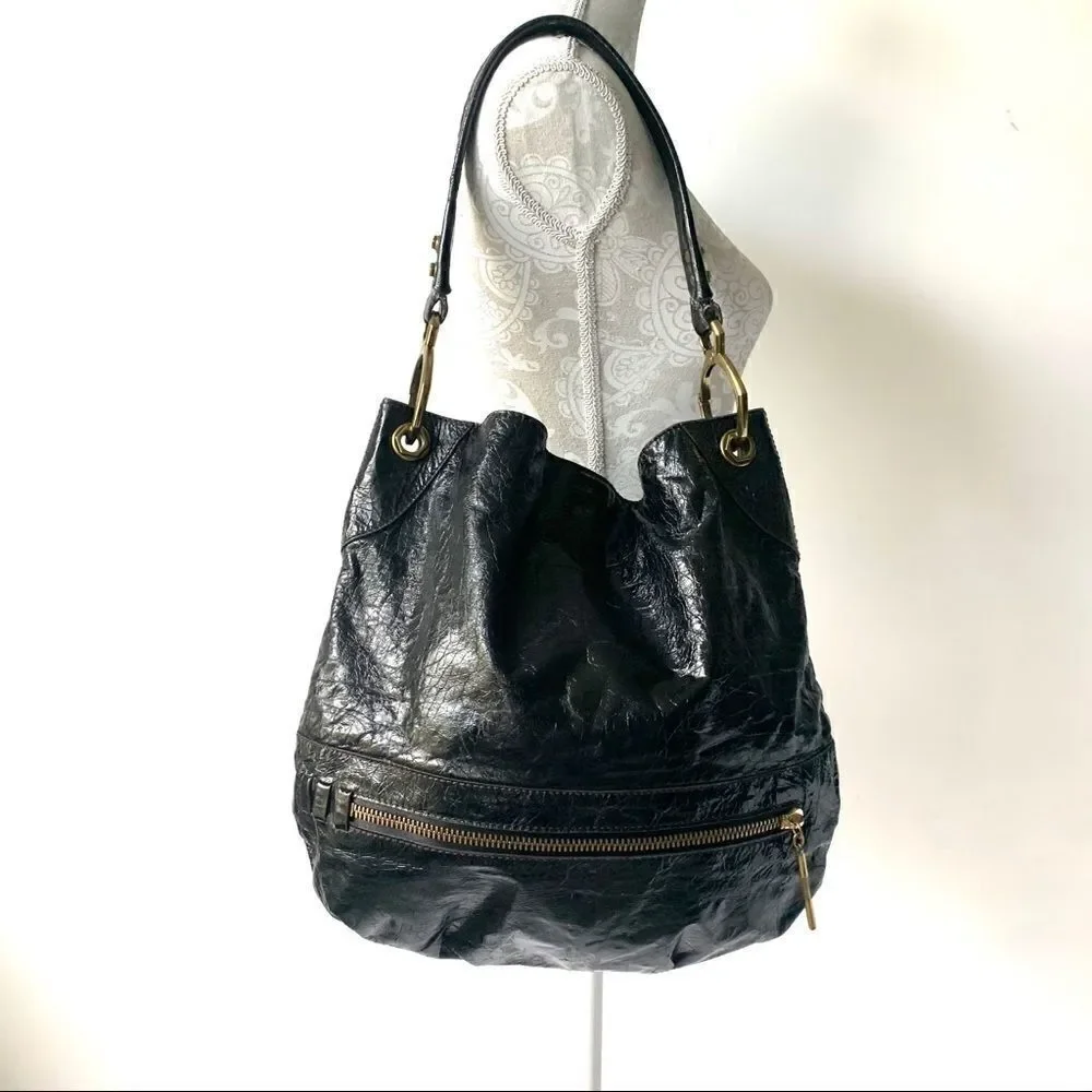 Or Yany New Textured Black Leather Hobo Bag